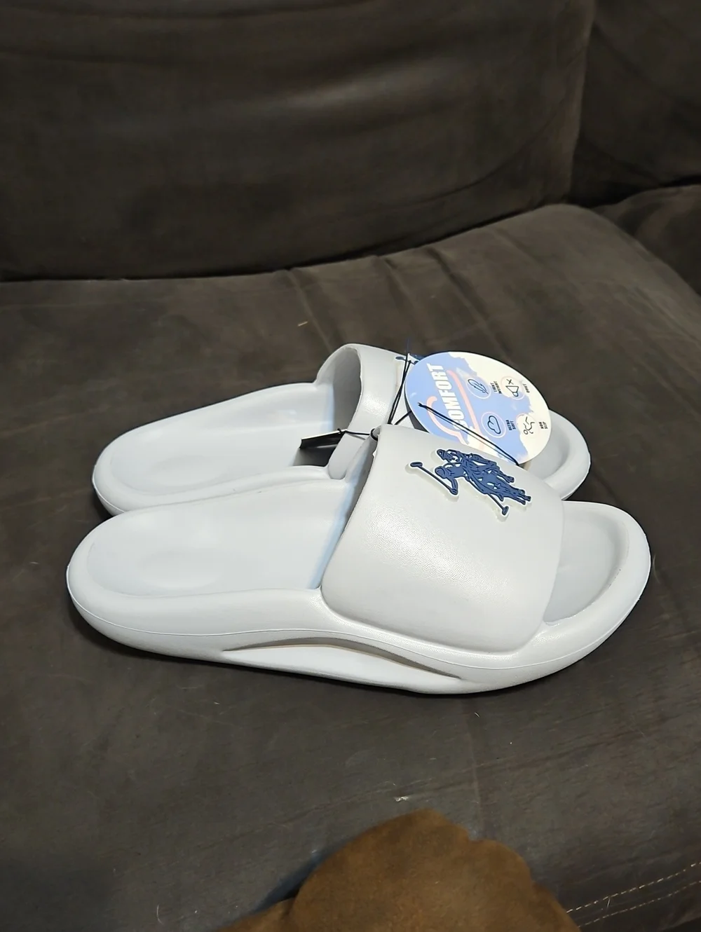 U.S. Polo Assn. Blue Gray Slide Sandals with Blue Polo Logo. Size 7/8